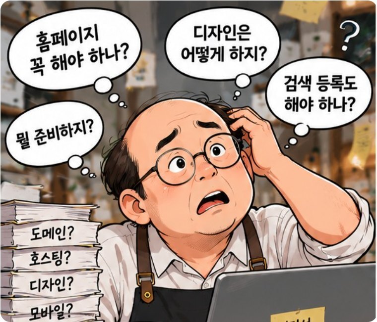 컷 1. 홈페이지를 꼭 해야 할지, 디자인과 검색등록은 어떻게 하는지 고민하는 사장님